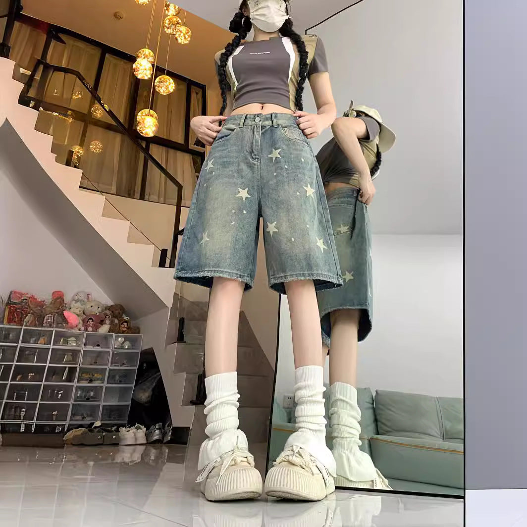 Retro Washed Distressed XINGX Denim Five-point Shorts Til Kvinder
