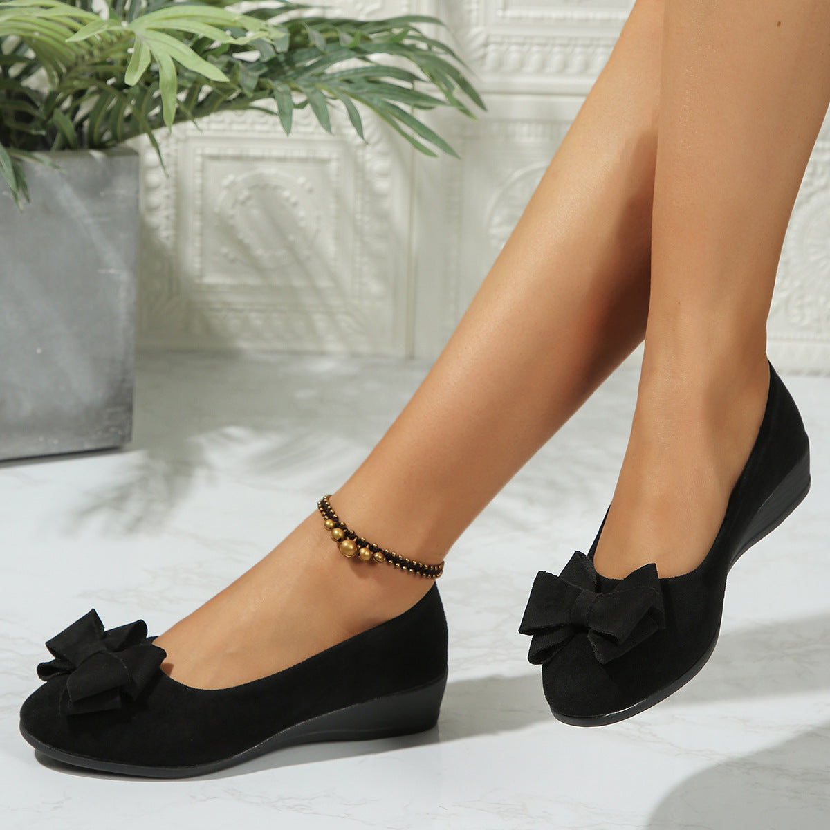 Womens Suede Bowtie Cross-Strap Slip-On Shoes With Elastic Band
