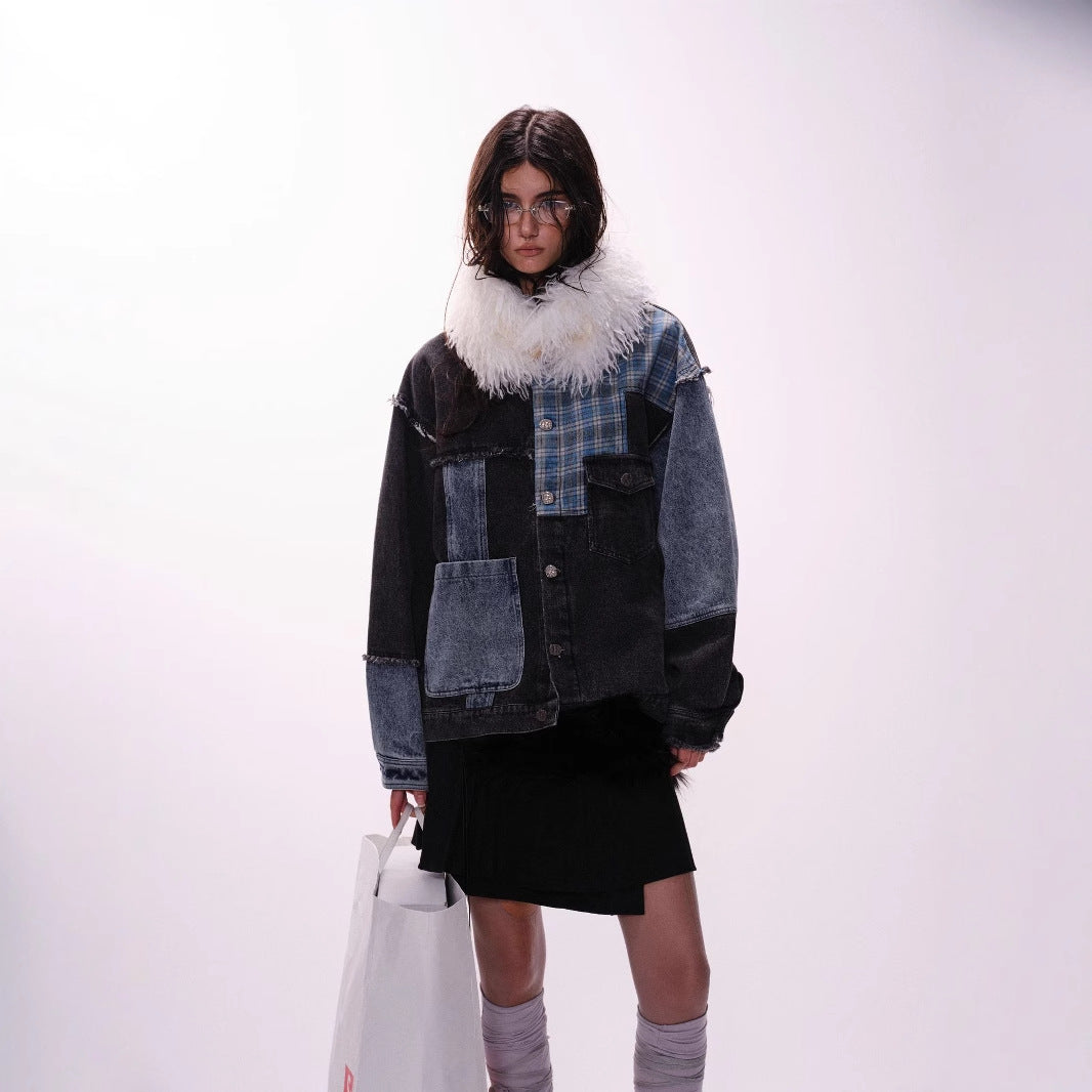 Retro Plaid Stitching Irregular Denim Jacket