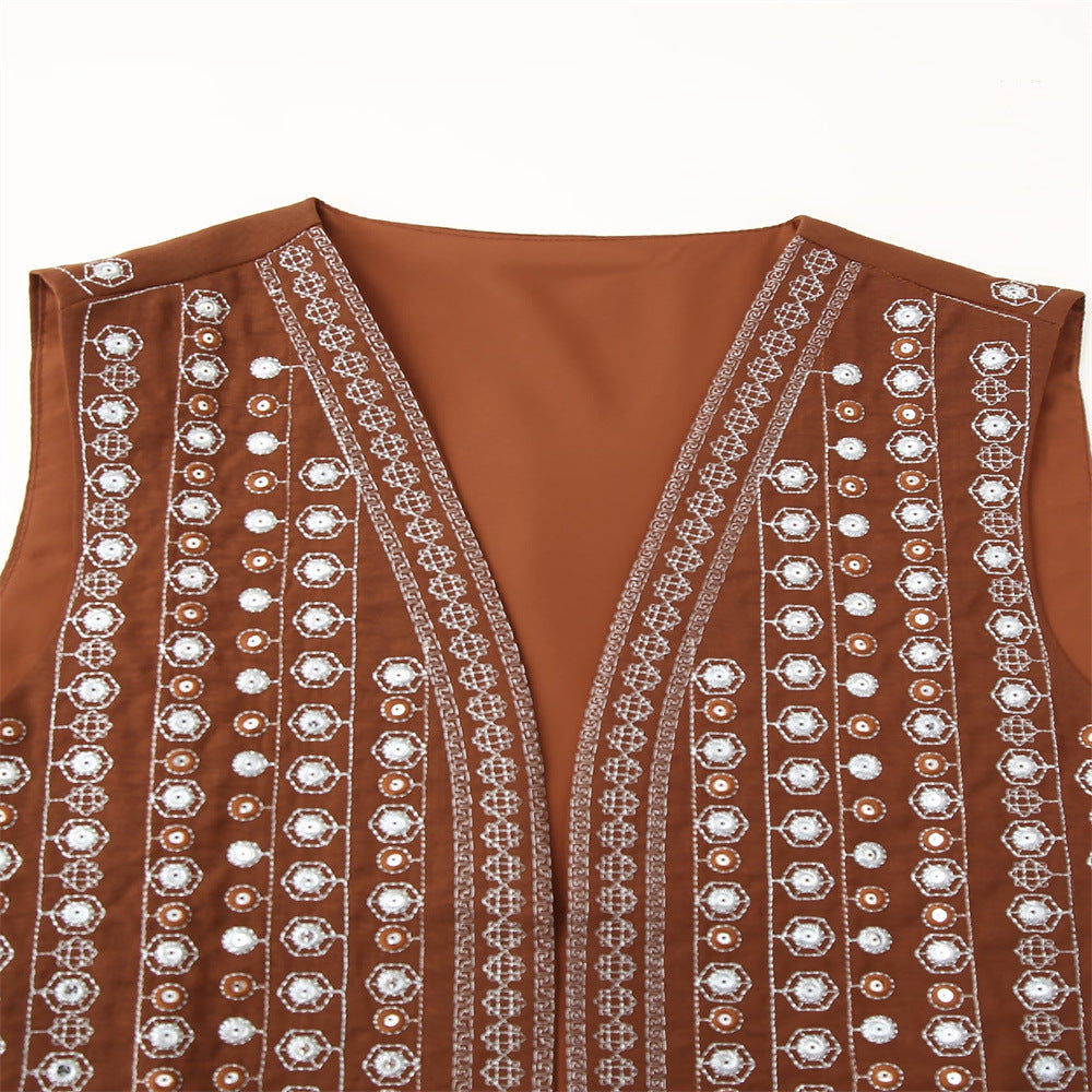New Autumn Fast-Fashion Beaded Embroidery VestChesnut