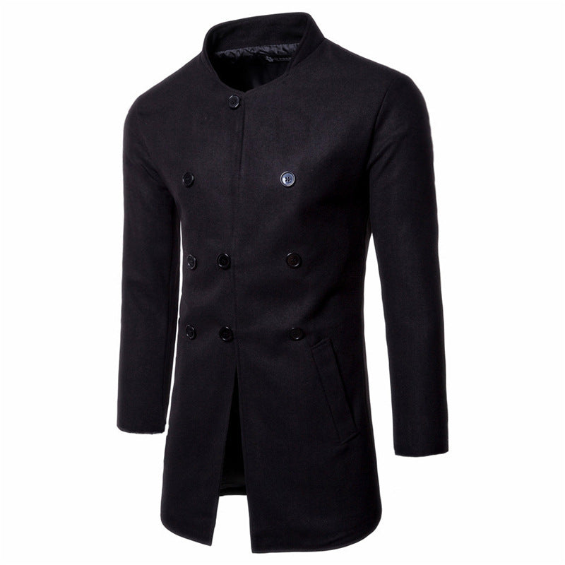 New Men's Fashion Slim Neck Three Row Woolen Coat
