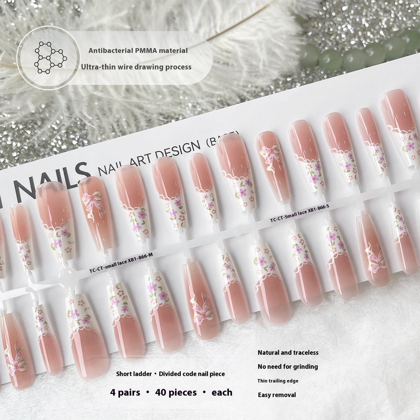 Small Floral Wear Prefabricated Nail Tip Long Ladder Velvet Seal Layer White