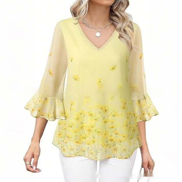 Women's Fashion Casual Top Pleated 34 Sleeve V