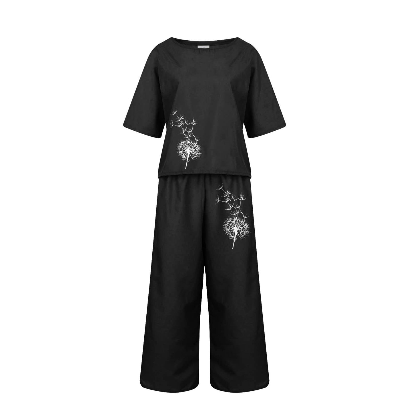 New Solid-color Short-sleeve Set With Heat-transfer Print, Two-piece Set