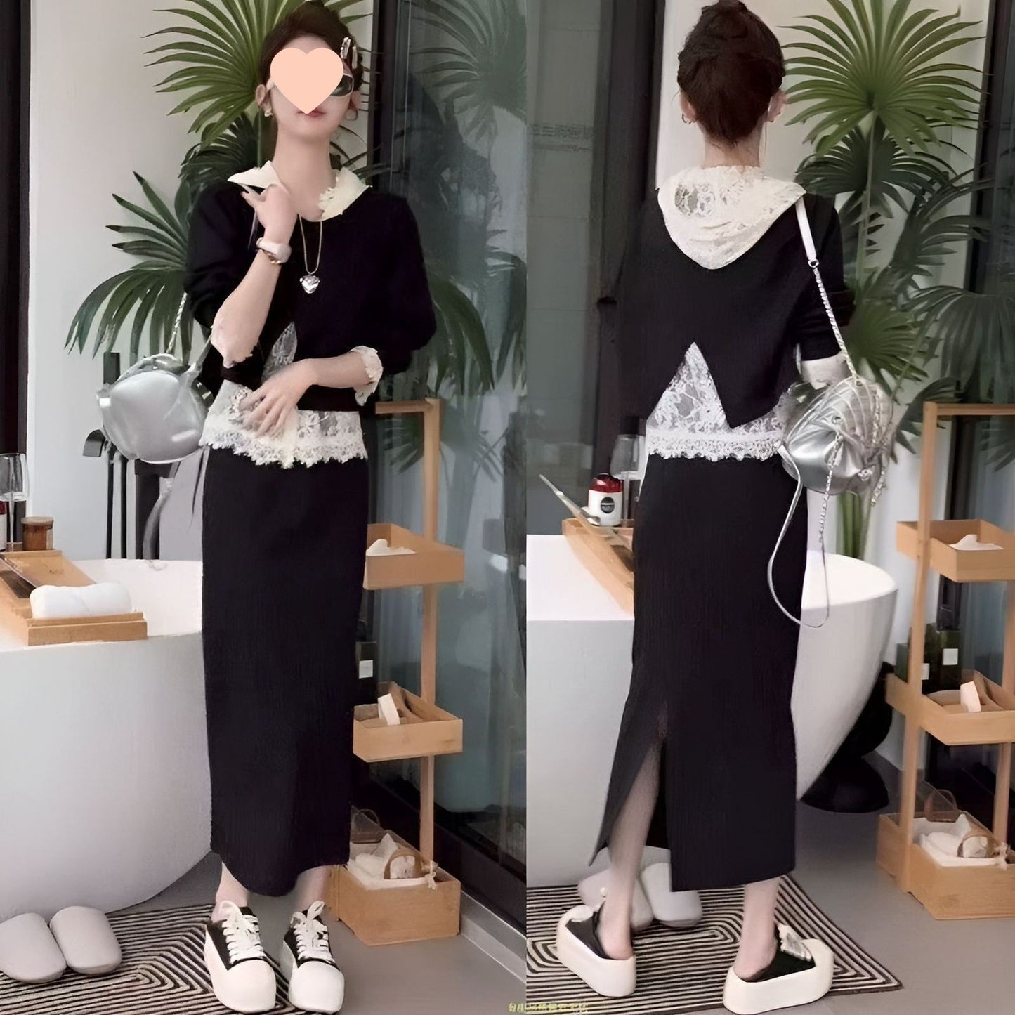 Womens Lace Off-Shoulder Sweater And WideLeg Pants Set Youth-EnhancingThreePiece Outfit