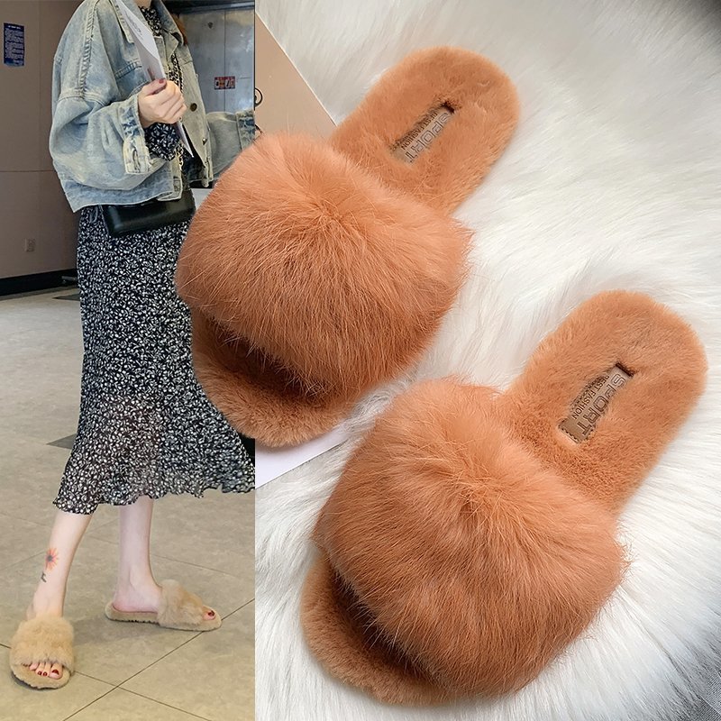 Rabbit Hair Flat Slippers For Women's New Style