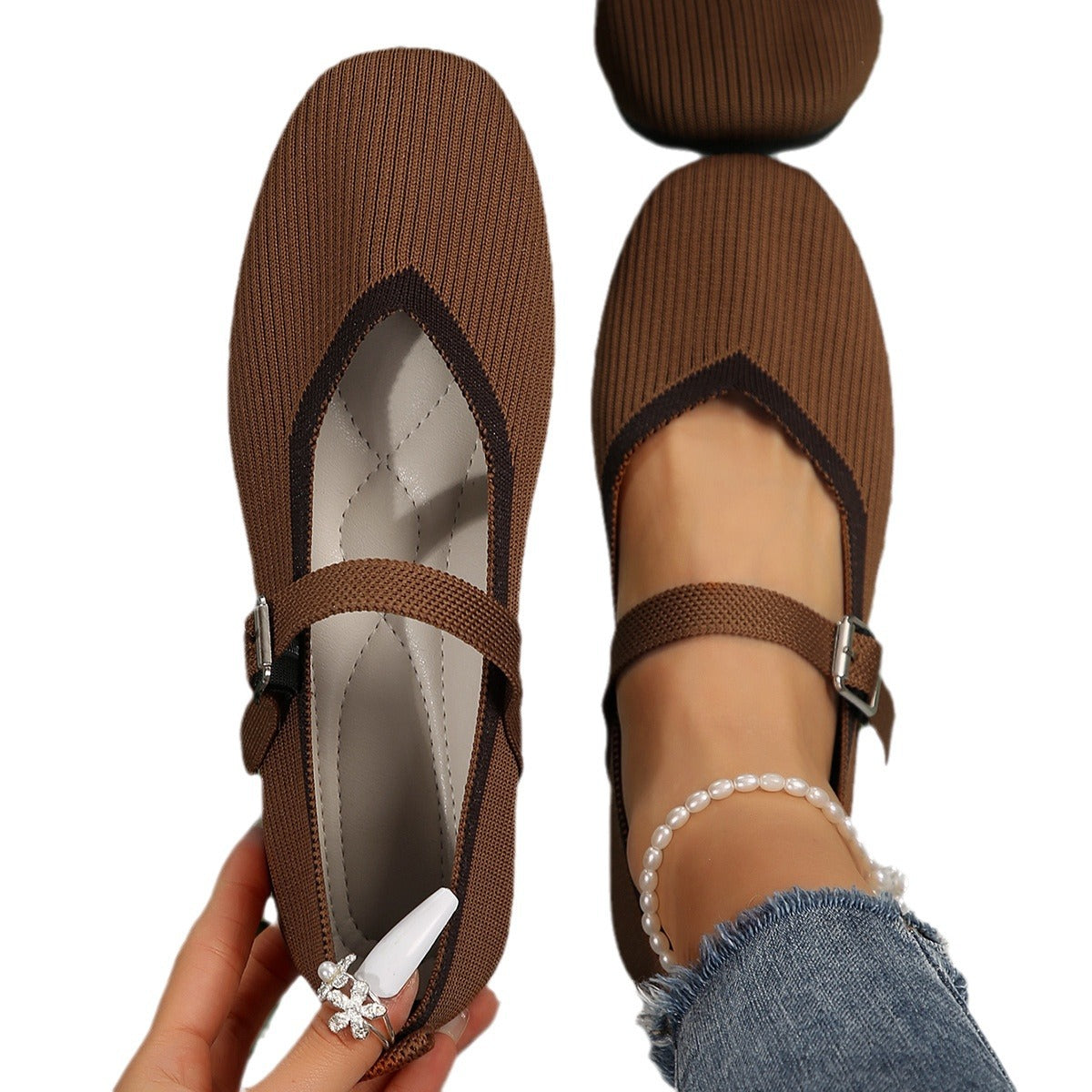 Flat Flying Woven Square Toe Low-cut Shoes