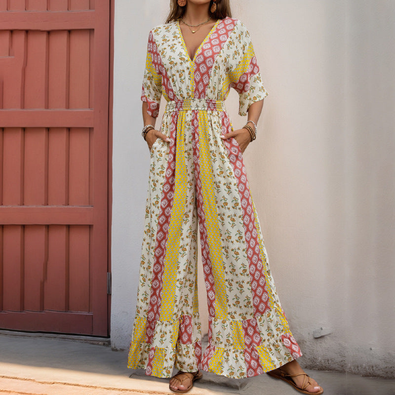 Summer New Bohemian Style Printed Retro Style High Waist One-piece Trousers For Women