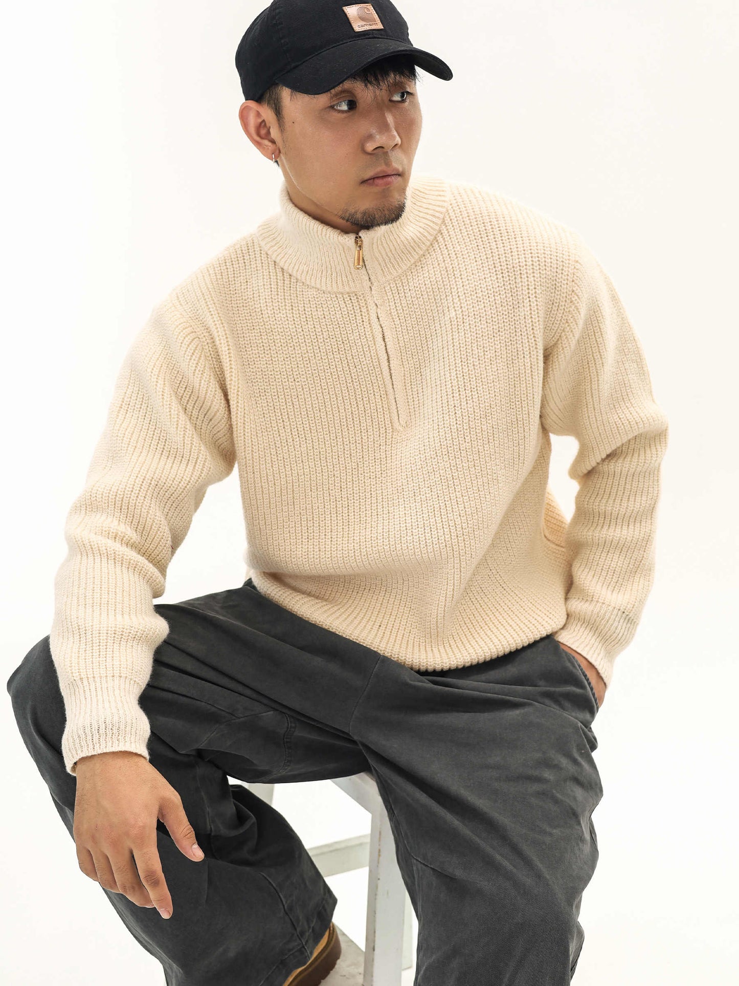 Thick Needle Wool Yarn American Retro Half Zipper Turtleneck Sweater Pullover For Men