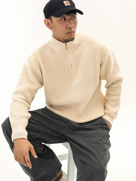 Thick Needle Wool Yarn American Retro Half Zipper Turtleneck Sweater Pullover For Men