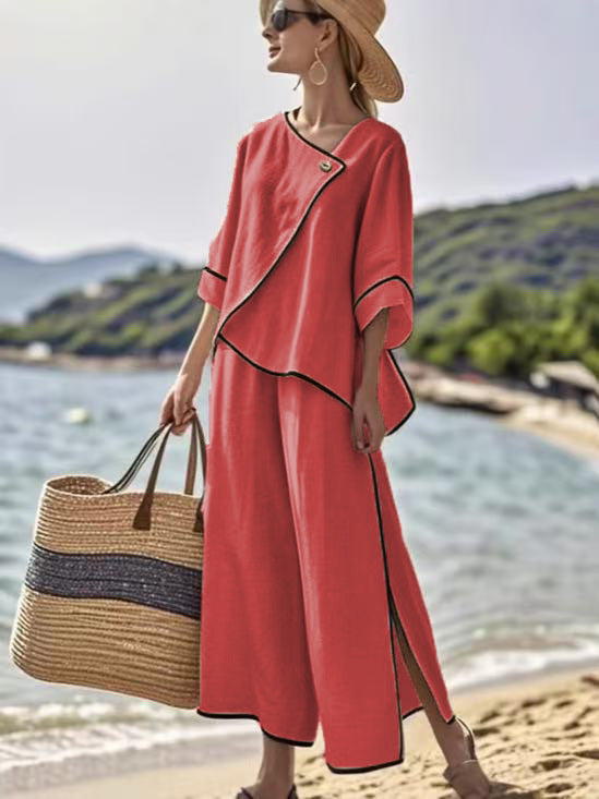 Womens Vacation-Ready Loose Striped Print Wide-Leg Pants Set