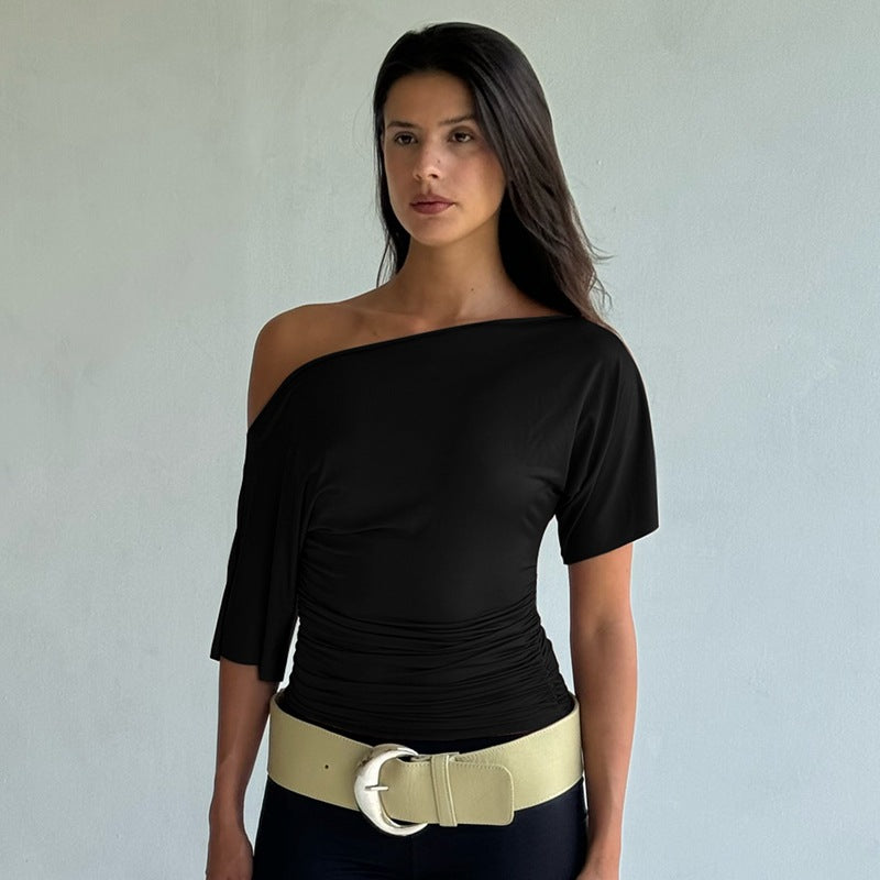 Dame sommer off-shoulder T-shirt med korte ærmer, plisseret talje og slankende effekt