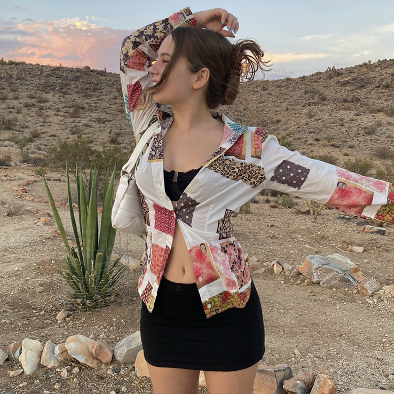 Women's Retro Contrasting Abstract Print Lapel Knitted Shirt