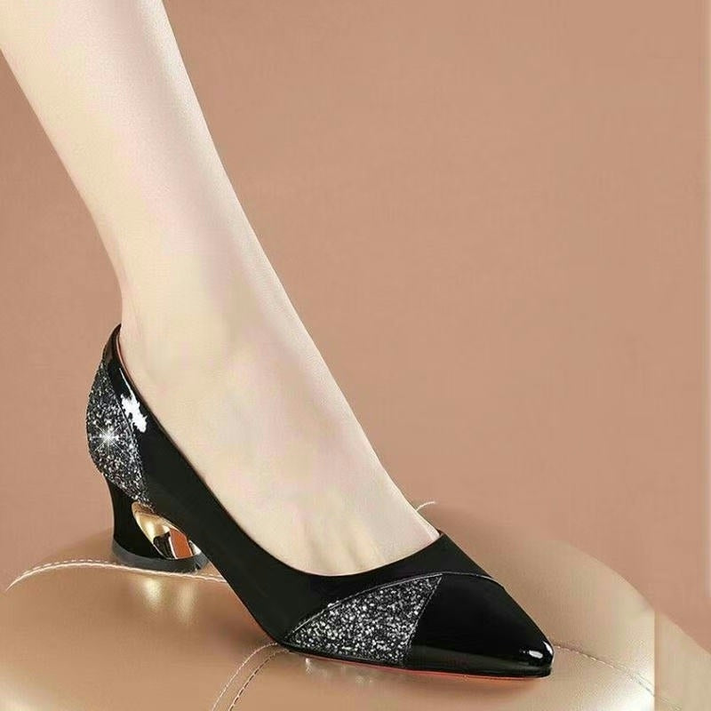 Thick Heels With Color Matching Low-heel Pointed Toe Shoes Women's Mid-heel