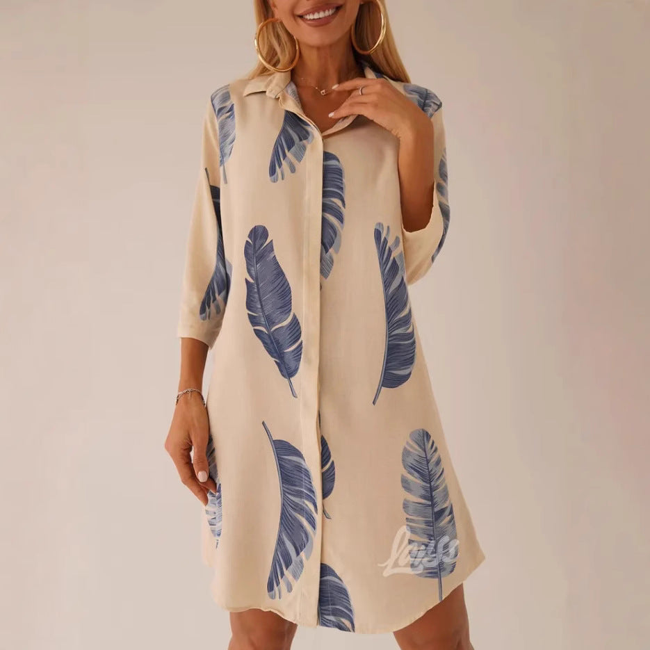 Fashionable Printed Lapel Cardigan Dress