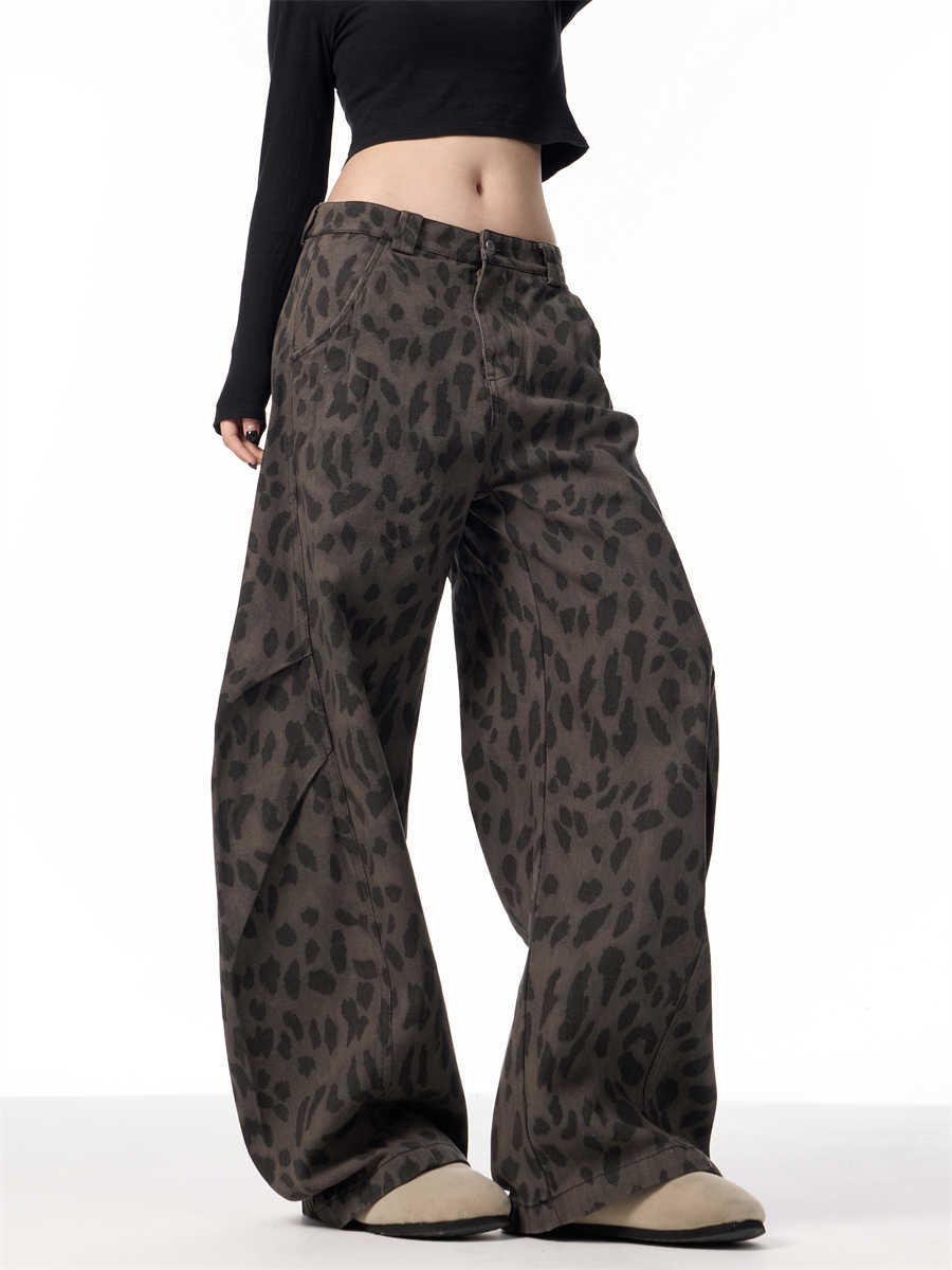Retro Leopard Jeans Women's Loose Straight Wide-leg Pants