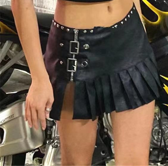 Zipper Split High Waist Mini Pleated Leather Skirt