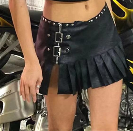 Zipper Split High Waist Mini Pleated Leather Skirt