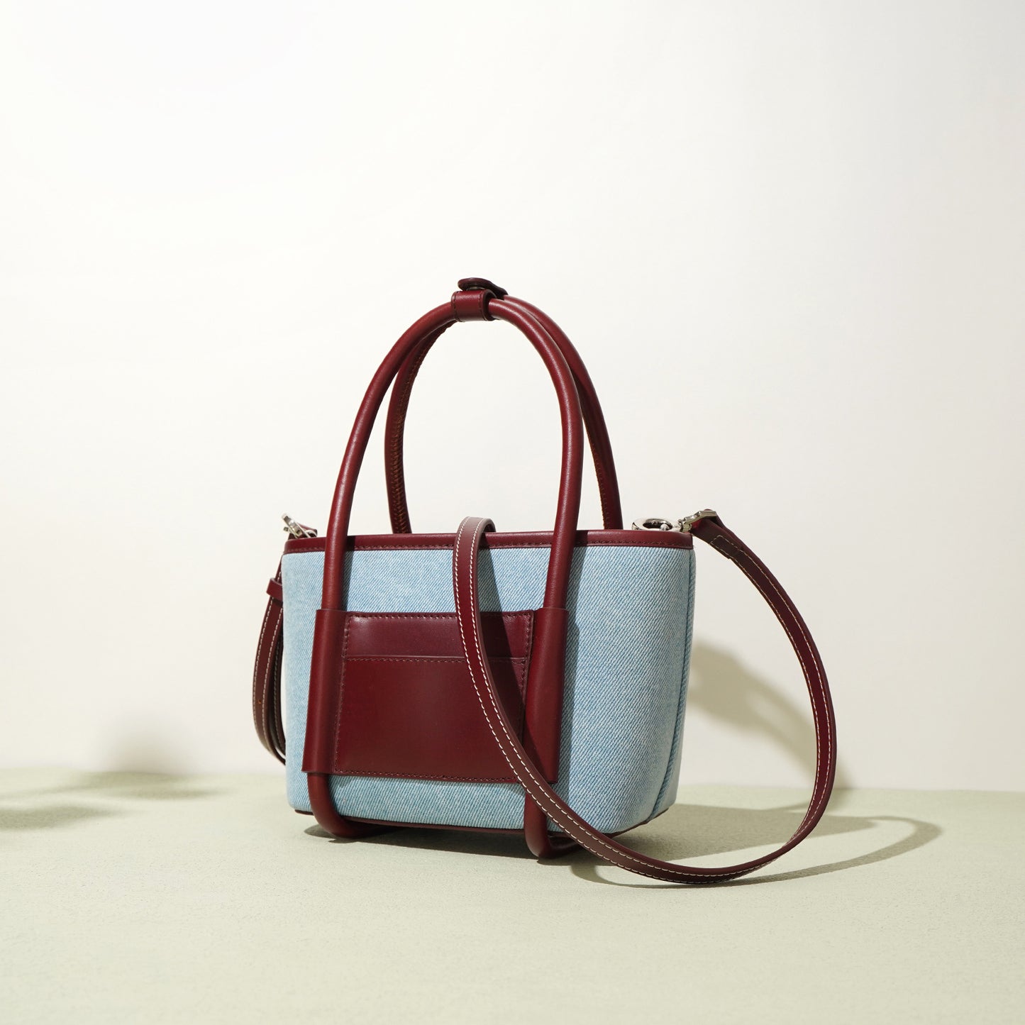 Toplag i okselæder med denimstof, grøntsagskurvetaske, niche, sammensat, enkelt skulder, crossbody
