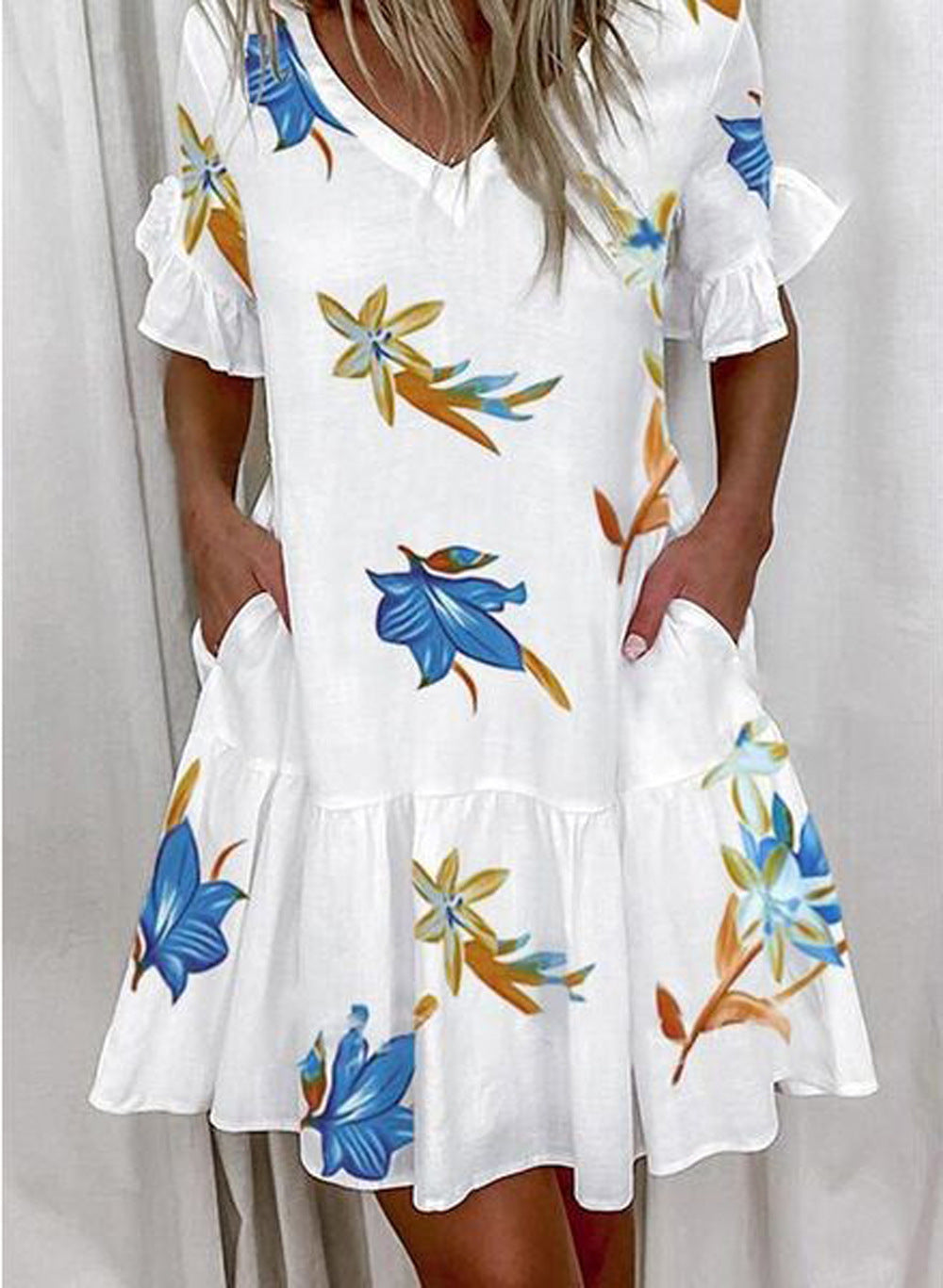 Fashion Printed Ruffle Pocket Short Dress
