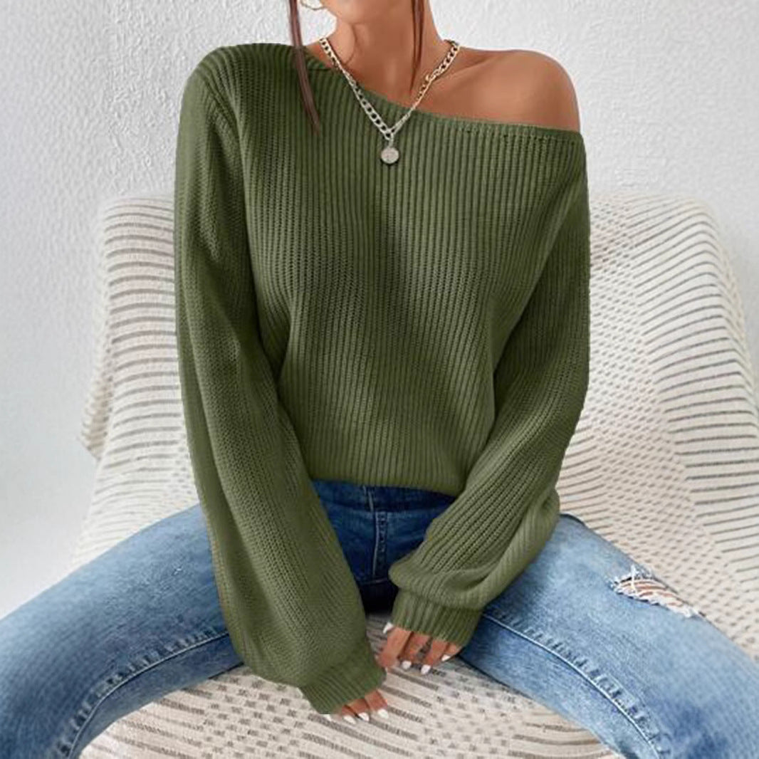 Pendlerstil Efterår Og Vinter Ny Personlig Off-shoulder Pullover Strik Ensfarvet Løs Fritids All-match Pullover Bådudskæring Sweater