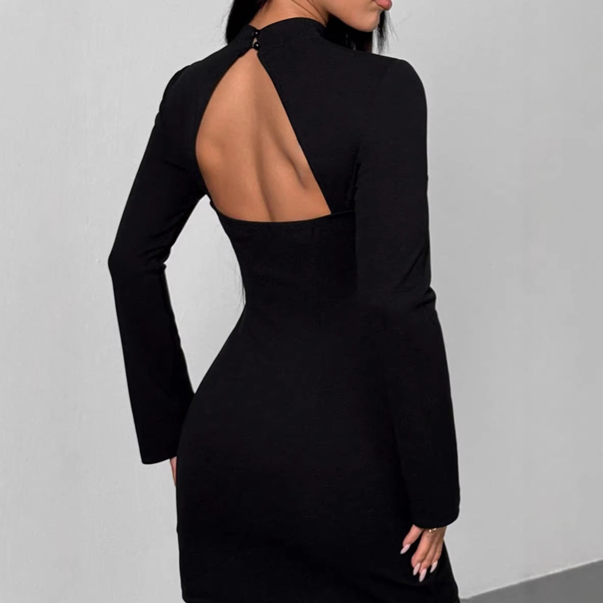 New Womens Solid-Colored Flared Long-Sleeve Dress