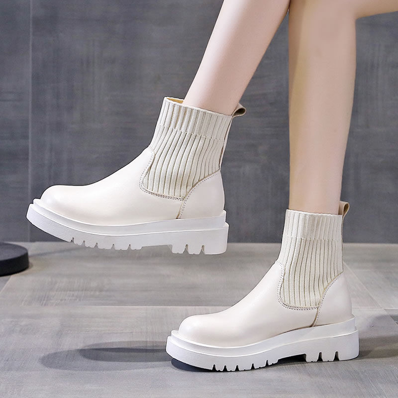 British Style Wild Lace-up Platform Stitching Short-knit Martin Boots
