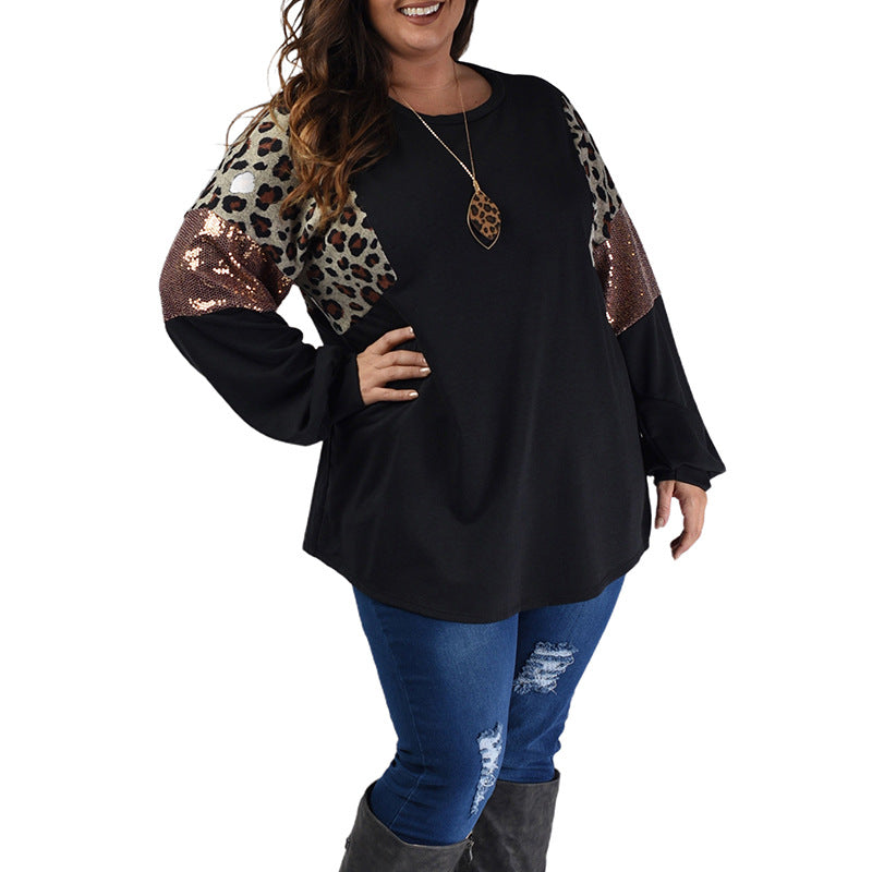 Plus Size Løs Slank Pasform Leopard Blomstret Print Langærmet Pullover
