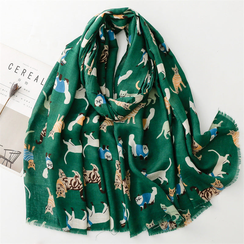 Cotton And Linen Hand Scarf Fashion Cat Cartoon Thermal Shawl