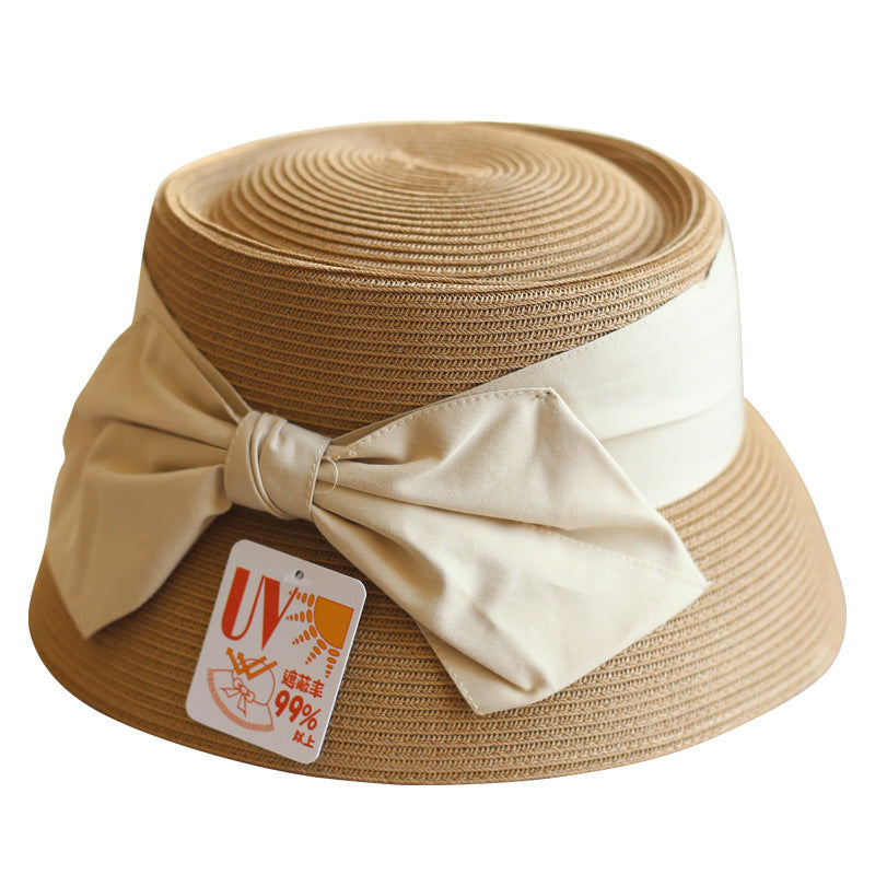 Concave Top Straw Woven Bucket Hat Cotton Bow