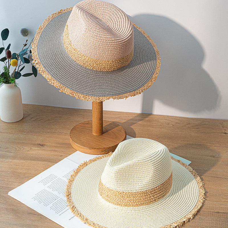 Retro Colorblock Raw Edge Sunscreen Straw Hat