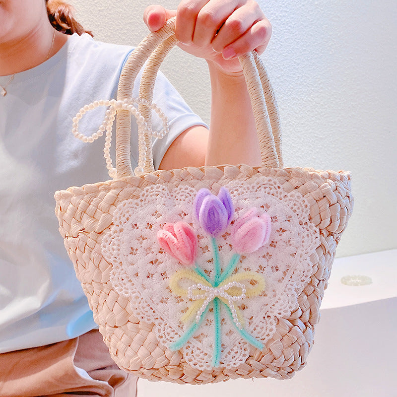 Sweet Flowers Lace Love Woven Handbag Pearl Handheld Fan