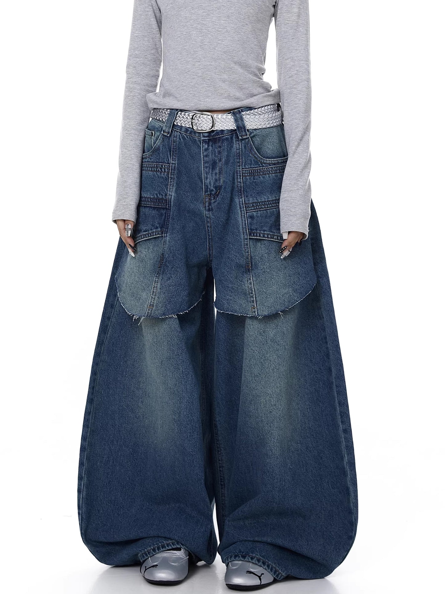 Womens American-style Deconstructed Faux Two-piece Patchwork Washed Bootcut Jeans