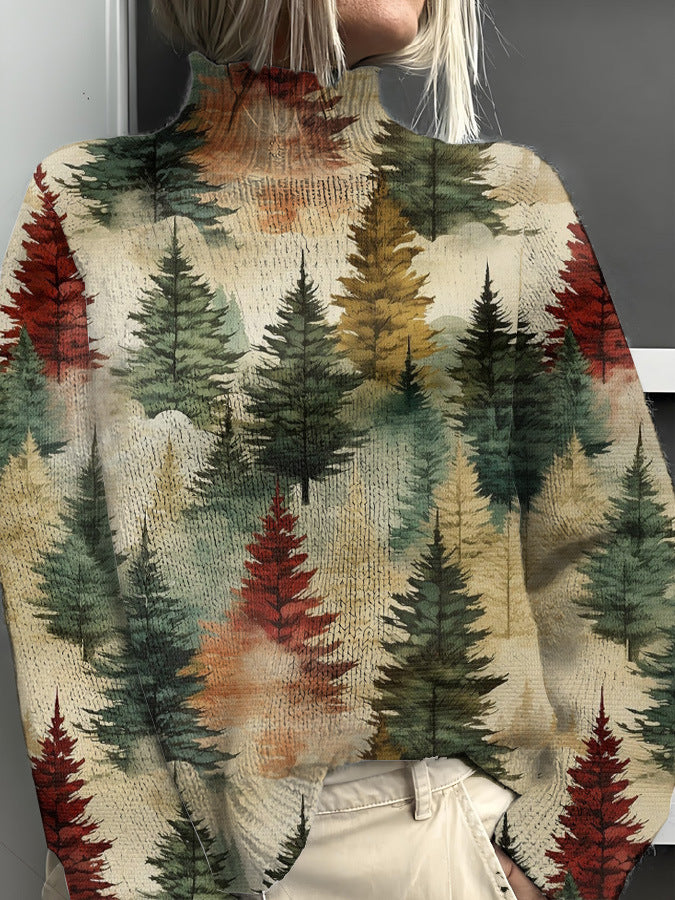 Printing Casual Cloak Turtleneck Pullover Women Abstract