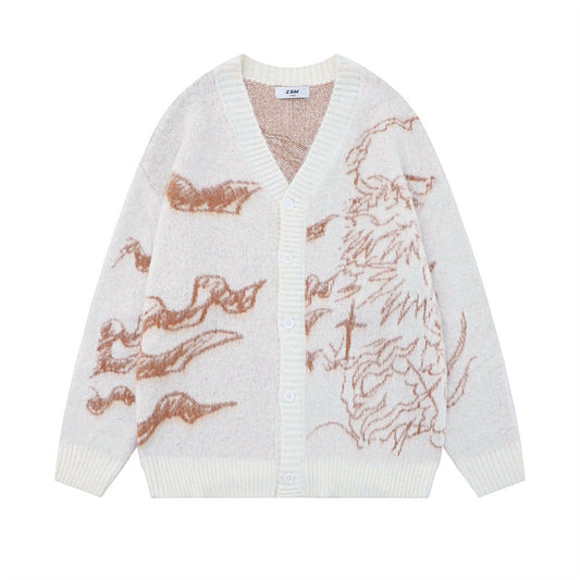 High Street Full Of Abstract Jacquard And Fleece Lining Thickened V-neck Sweater