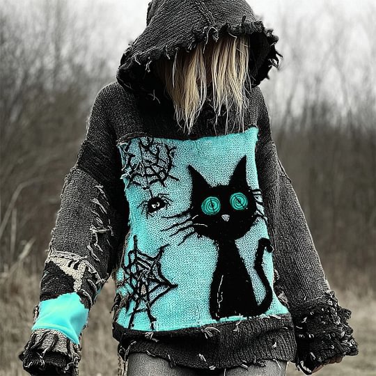 Drop-Shoulder Vintage Womens Printed Loose Hooded Top