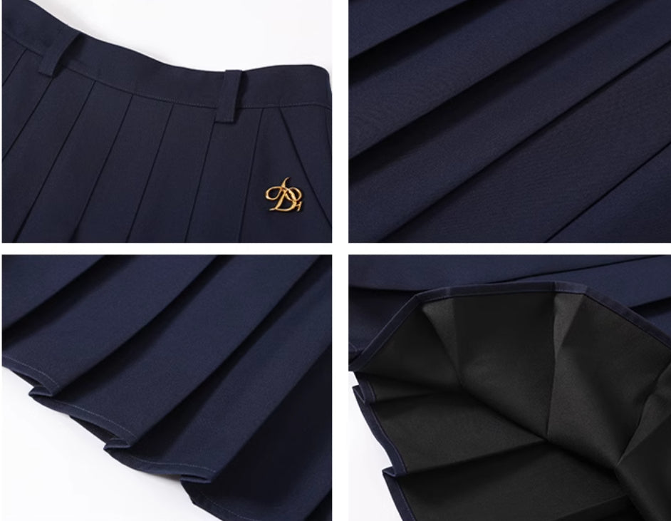 Retro High Waist A- Line Pleated Long Skirt Navy Blue Commuter College Style