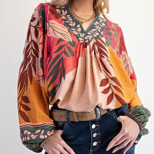 V-neck Long Sleeve Shirt Loose Pullover Top