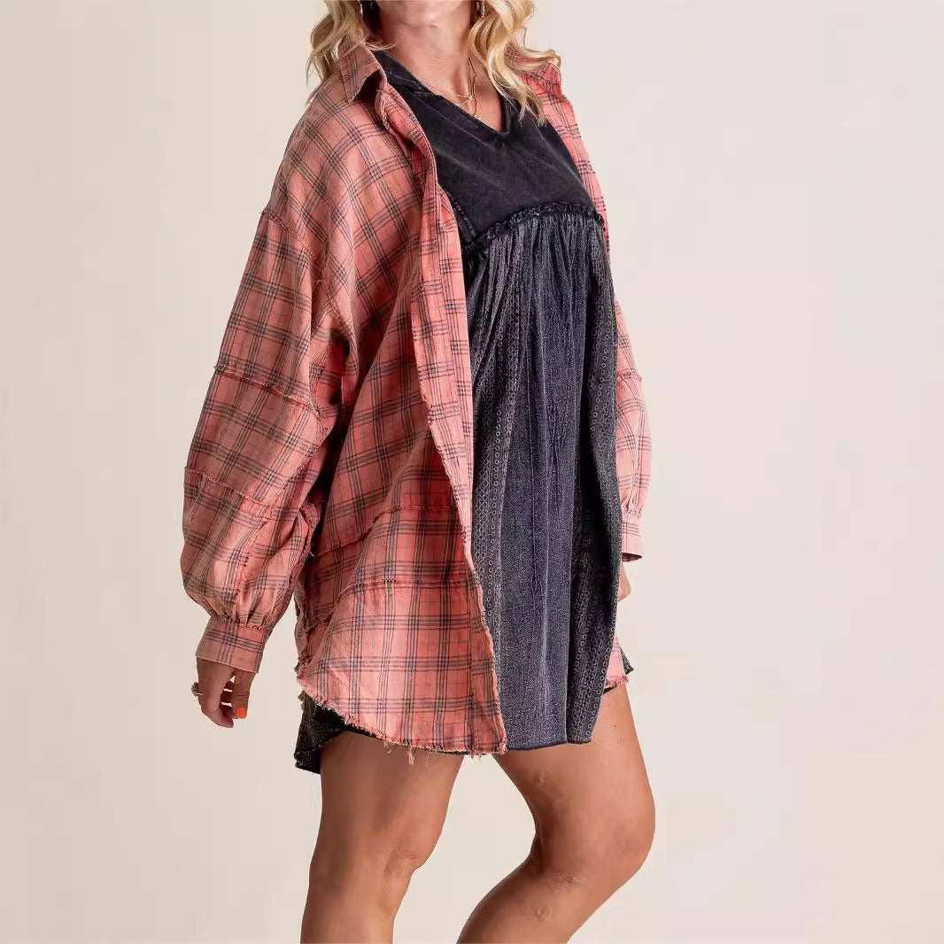 Tassel Long Sleeve Top Loose Casual Plaid Shirt Coat