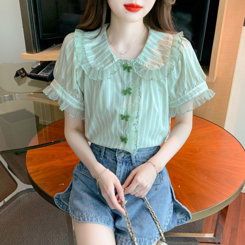 Doll Collar Bell Sleeve Lace Shirt Chiffon Shirt Top