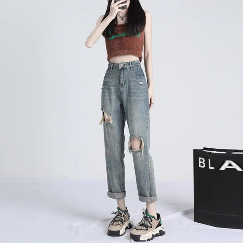 Ripped Daddy Jeans For Women Spring And Autumn New High Waist Loose Small