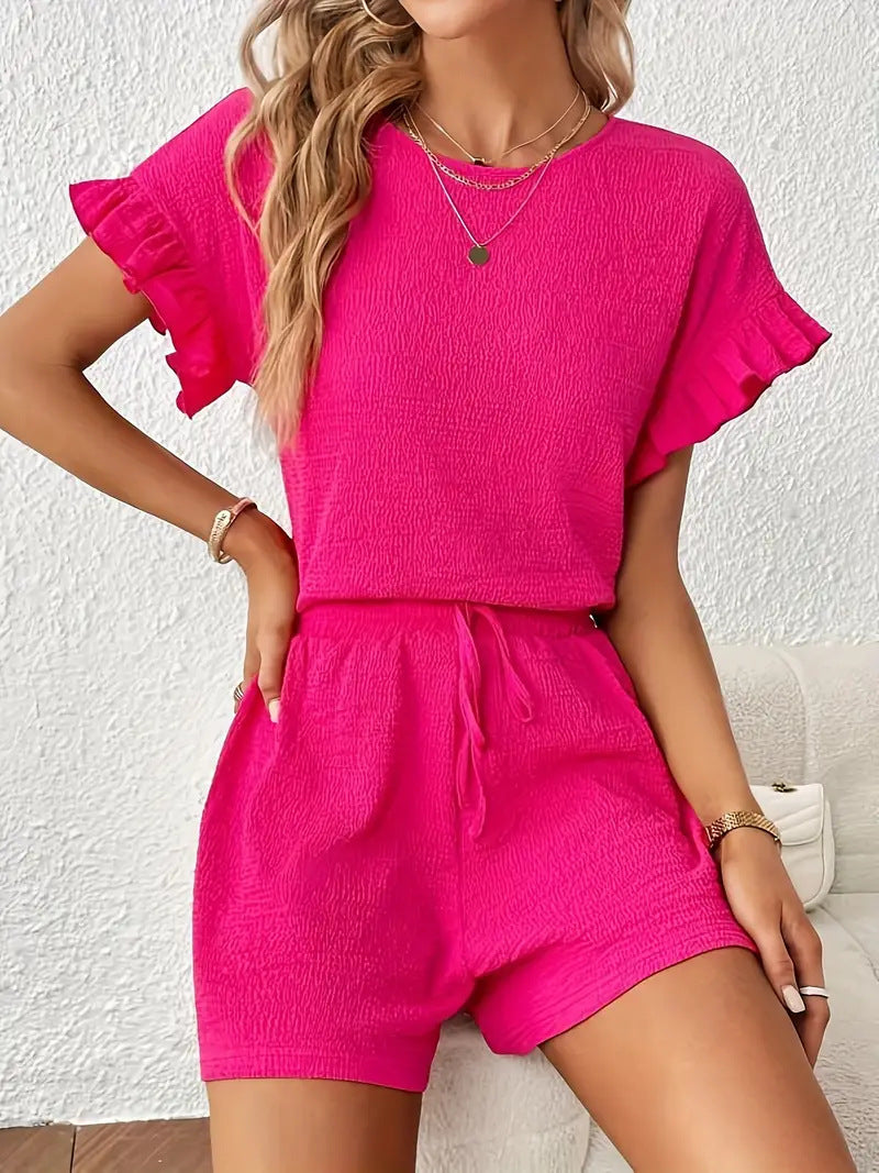 Women's Solid-Color Casual Two-Piece Set Top Shorts