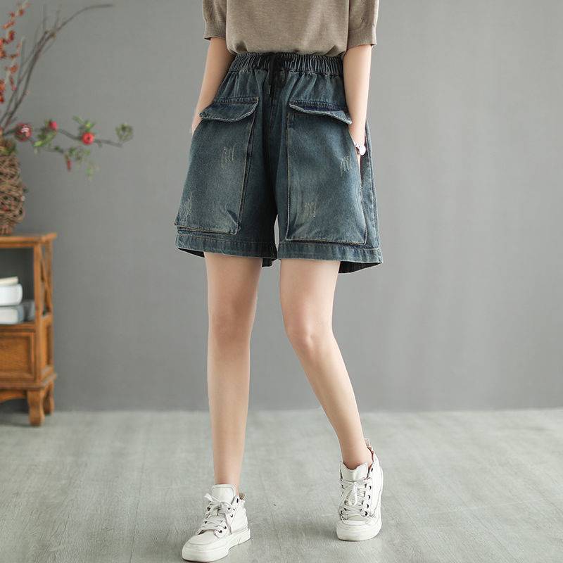 High Waist Plus Size Denim Shorts Women's Literary And Artistic Distressed Wide Leg Jeans