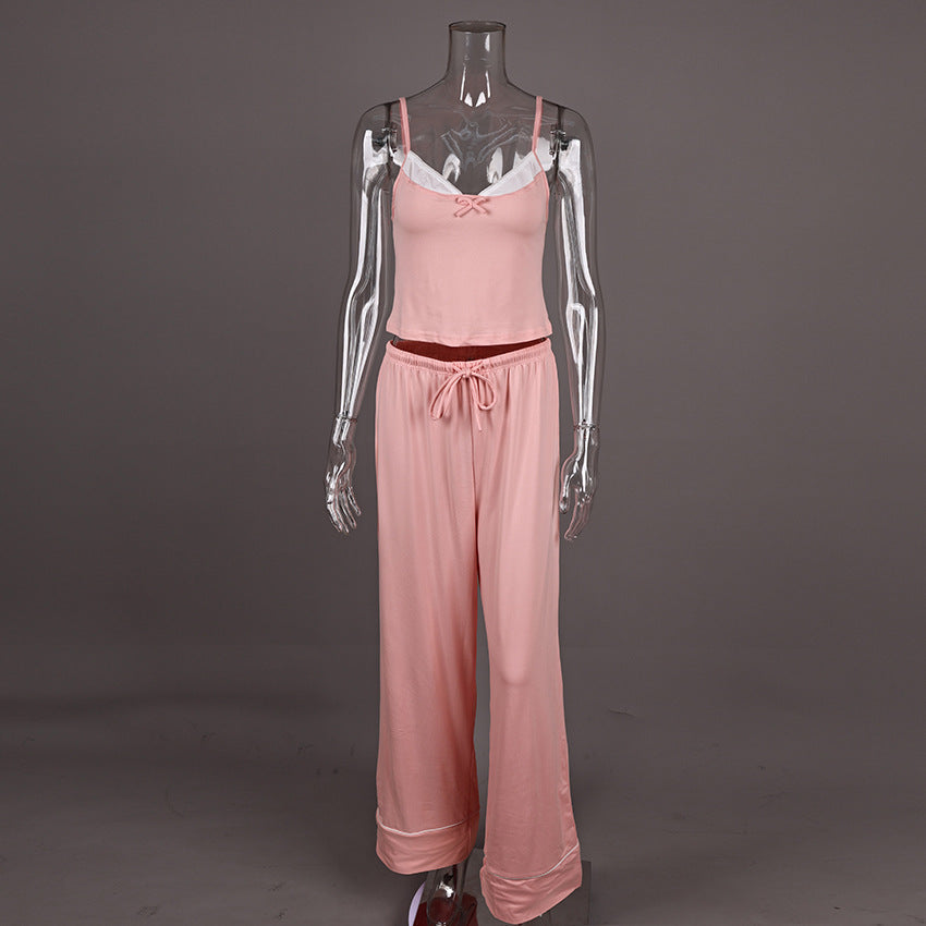 Patchwork Slip-style Long Pants With A Drawstring Waist And Bow Detail Set