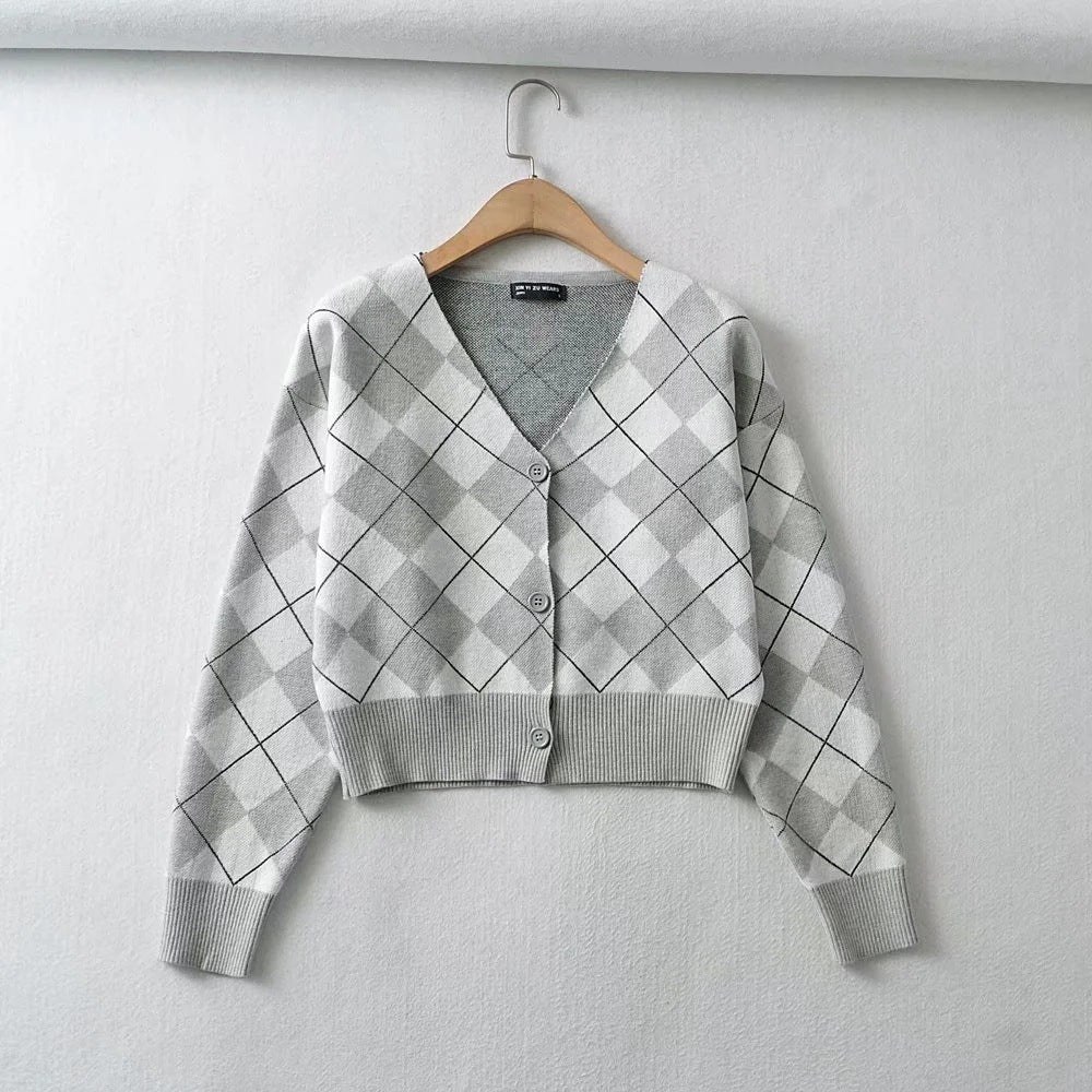 Ny langærmet V-hals cropped strikcardigan med en enkelt knaprække