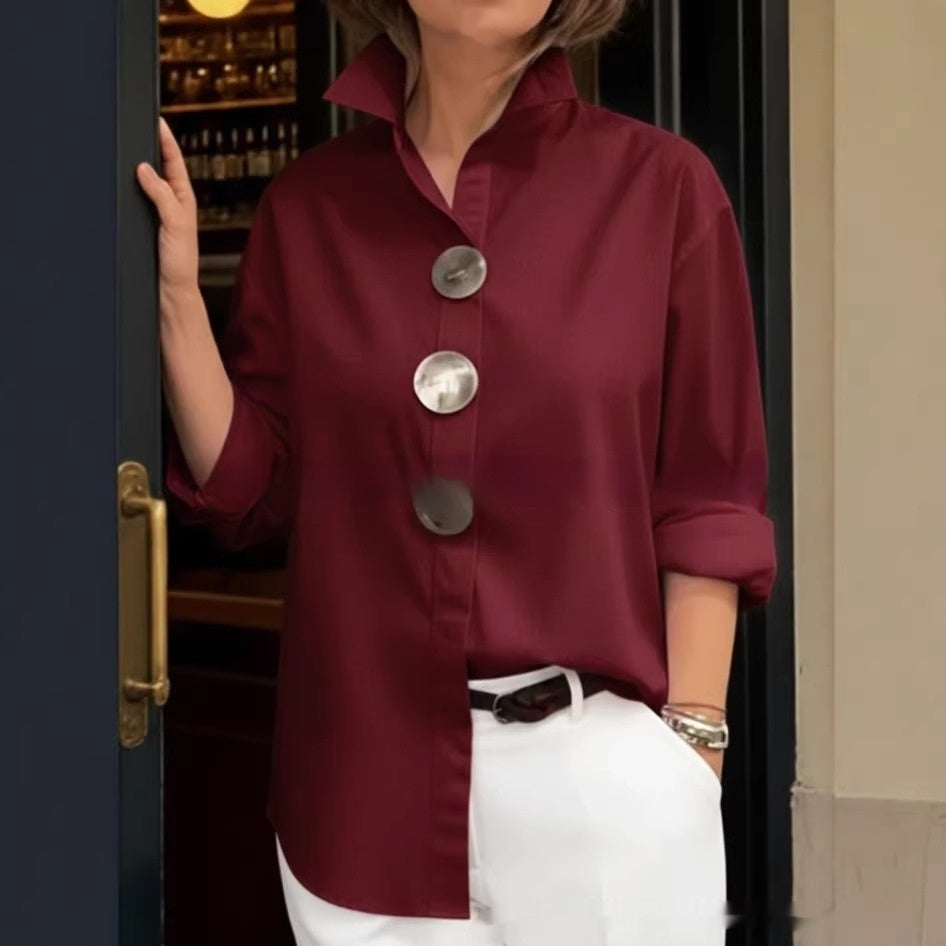 Womens Solid-Colored Stand-Up Collar Metal-Button Long-Sleeve Shirt