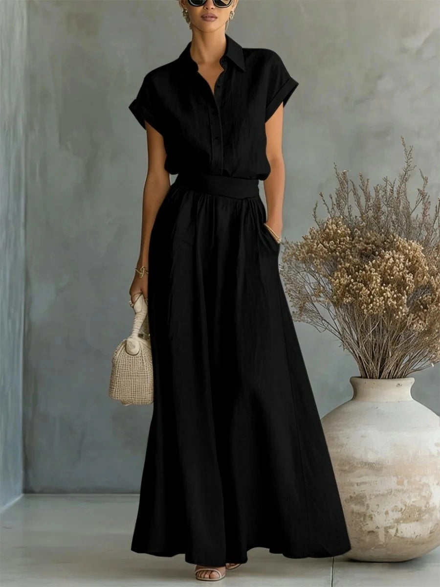 Fashionable Casual Solid-Colored Shirt And Wide-Leg Pants Two-Piece Set