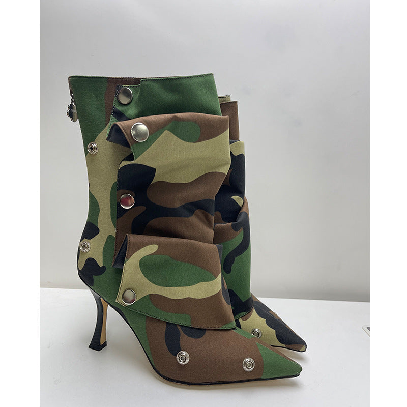 Women's High-heeled Pointed-toe Denim Patchwork Ankle Boots With Metal Studs