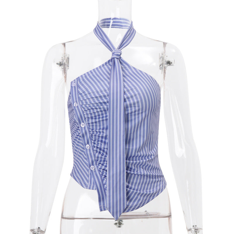 Irregular Striped Printed Tie Design Halter Vest