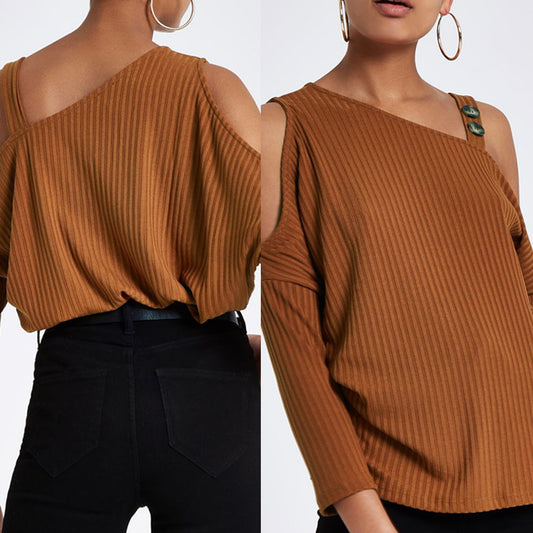 Ny ensfarvet off-shoulder strikketop til kvinder